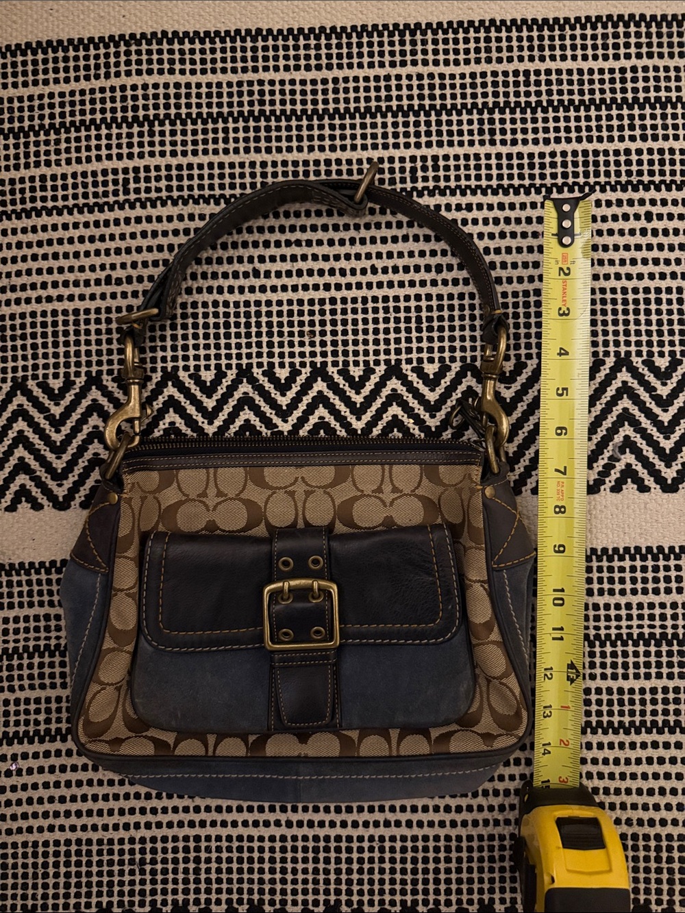Coach Brown Logo Canvas Shoulder Bag with Dark Blue Leather Trim - Picture 11 of 12